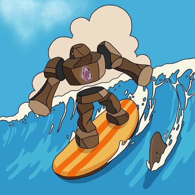 A stone golem with a gem embedded in its chest surfs on an orange and yellow striped paddleboard atop a curling blue wave, whimsically illustrating the post's playful weekend vibe—depicting a rugged "rocky" character taking a break from building privacy-enabled blockchain infrastructure at Seismic to enjoy stand-up paddleboarding.
