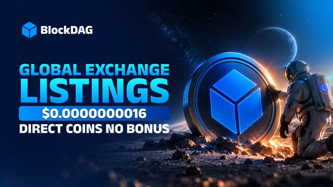 An astronaut kneels beside a glowing BlockDAG cube coin on a planetary surface, promoting "GLOBAL EXCHANGE LISTINGS" at $0.00000000016 with "DIRECT COINS NO BONUS," highlighting the limited-time direct purchase opportunity before the 3-day exchange listing window closes.