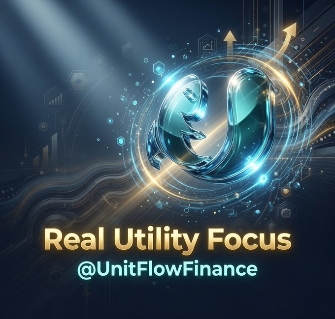 A 3D-rendered promotional graphic for @UnitFlowFinance showing a stylized '90' logo with golden and blue light effects, emphasizing 'Real Utility Focus' against a tech-themed dark background.