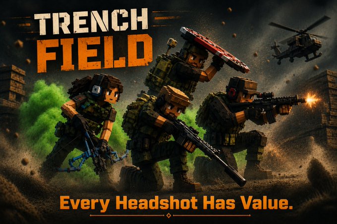 A pixel-art style video game promotional banner titled 'TRENCH FIELD' with the tagline 'Every Headshot Has Value,' showing armed blocky soldiers and a helicopter in a dusty battlefield.