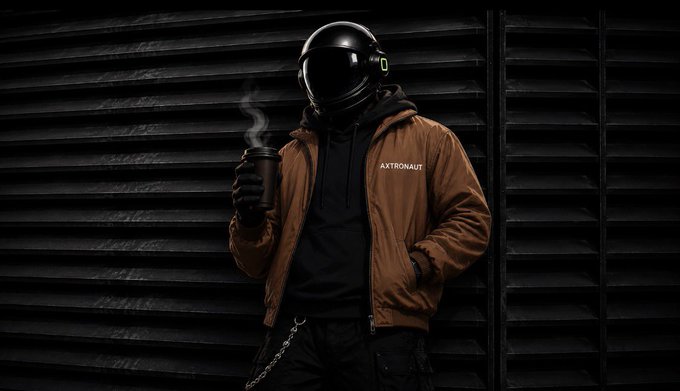 A moody, low-light image of a person wearing a black astronaut helmet and an orange bomber jacket labeled 'AXTRIONAUT,' holding a steaming dark beverage against a black corrugated metal wall.