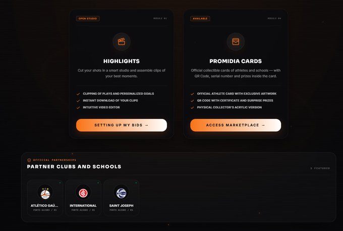 A dark-themed user interface showcasing 'HIGHLIGHTS' and 'PROMIDIA CARDS' features with buttons for 'SETTING UP MY BIDS' and 'ACCESS MARKETPLACE', along with partner club logos for Atlético de Madrid, International, and Saint Joseph.