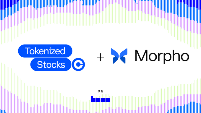 The image displays logos for "Tokenized Stocks" and "Morpho" connected by a plus sign, with an "ON" indicator pointing to the Base logo below, visually representing the partnership announced in the post where Coinbase's tokenized stocks (driving ~75% of Base deposits) integrate with Morpho for onchain credit access in eligible non-U.S. regions.
