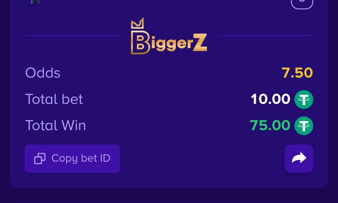 A betting slip from BiggerZ showing Odds of 7.50, a Total bet of 10.00, and a Total Win of 75.00, with a 'Copy bet ID' option.