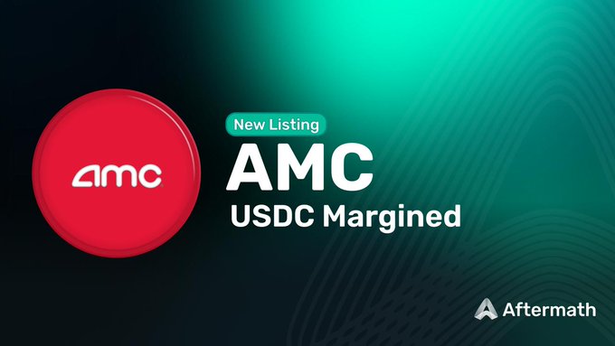 Promotional graphic announcing a 'New Listing' for AMC USDC Margined on the Aftermath exchange, featuring a red AMC logo on a teal background.
