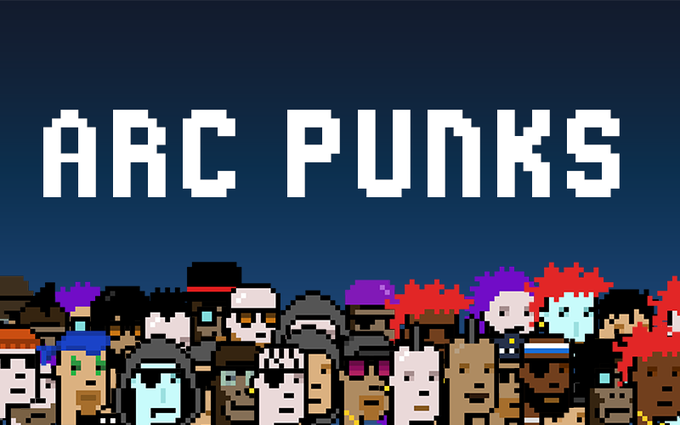 Pixel art banner featuring the white text "ARC PUNKS" against a dark blue background, with a colorful crowd of pixelated punk-style character faces displayed along the bottom of the image. The illustration promotes the ArcPunks NFT collection, showcasing the diverse 10,000 unique punk characters launching on the Arc network.