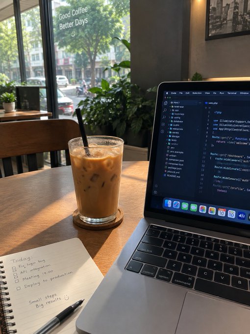 An iced coffee in a glass on a wooden table next to a laptop displaying code, with a notebook listing tasks like 'Fix login bug', 'API integration', and 'Meeting 14:00' under 'Today:'.
