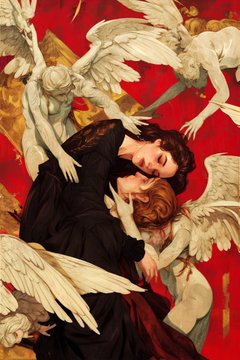 "Rebirth's Embrace" depicts a woman in black embracing a child, surrounded by white-winged angels against a vivid red background.