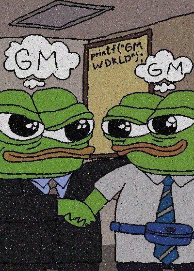 The image features two cartoon frogs, one wearing a suit and tie and the other wearing a blue shirt with a brown tie. They are shaking hands over a desk, which has a sign that says "Gm CT Have a great weekend and keep talking about @quipnetwork". The background of the image is white, making the colors of the frogs stand out.