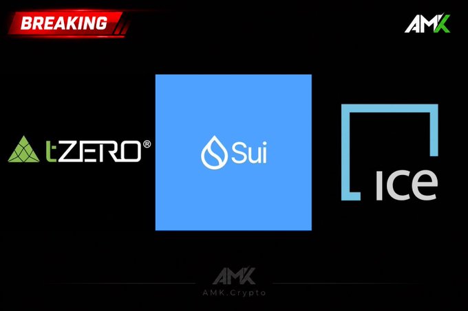 A 'BREAKING NEWS' graphic from AMK Crypto displays the logos of tZERO, Sui, and ICE on a black background.