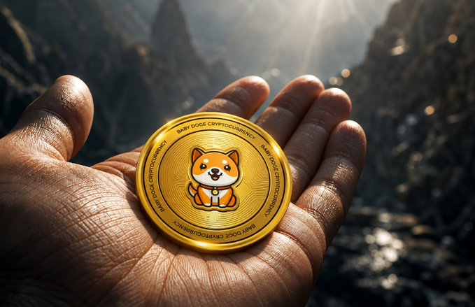 A hand holding a gold commemorative coin featuring a Shiba Inu dog illustration, inscribed 'BABY DOGE CRYPTOCURRENCY' around its edge.