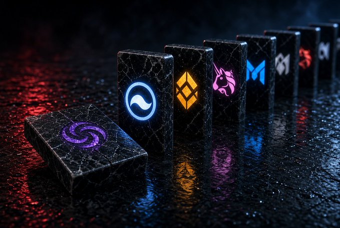 A 3D rendered image displaying a row of black marble-textured tiles or cards, each illuminated with a glowing esports or gaming team logo in colors including purple, blue, yellow, pink, and red, set against a dark, moody background.