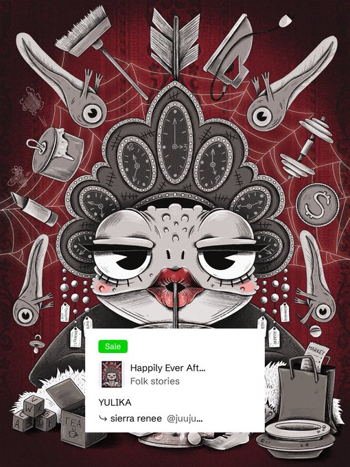 An illustrated character with stitched, doll-like features surrounded by various household objects, with an overlay showing 'Happily Ever Aft...' by YULIKA.