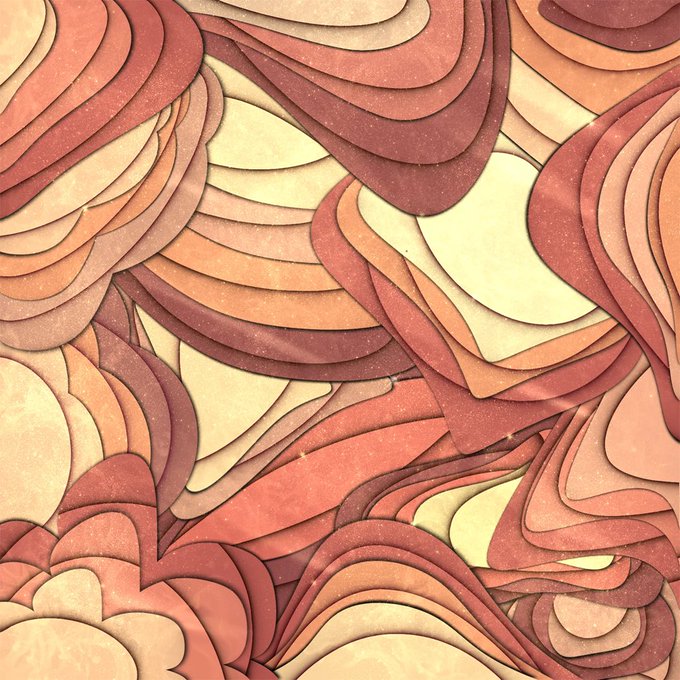 An abstract decorative pattern with layered, flowing wave-like shapes in warm shades of red, orange, coral, and cream, resembling a stylized illustration.