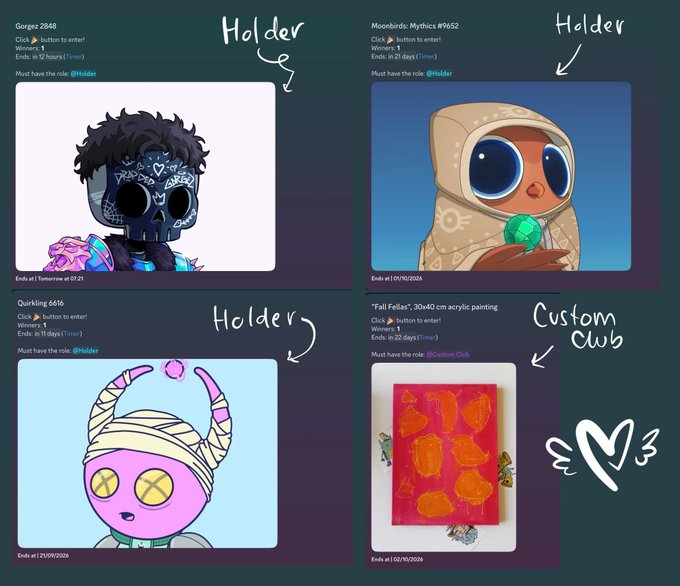 The image displays four active NFT giveaways in the MV Discord, featuring three holder-only NFTs from Gorgez 2948, Quirkling 6616, and Moonbirds Mythic #9652, each ending in 11, 17, and 21 hours respectively, plus a custom club drawing for a "Fall Fellas" 30x40 cm acrylic painting ending in 22 days. Hand-drawn arrows label three items as "Holder" and the painting as "Custom Club," with a doodled heart and "3" notation in the corner.