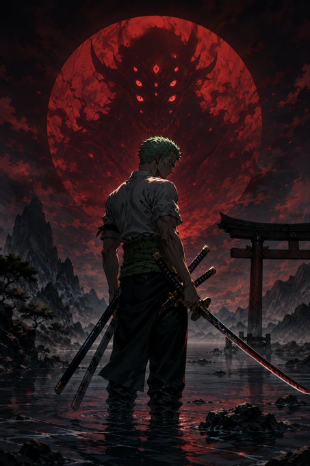 Anime-style artwork of a green-haired swordsman holding multiple katanas, facing a massive red demon with glowing eyes against a blood moon backdrop.