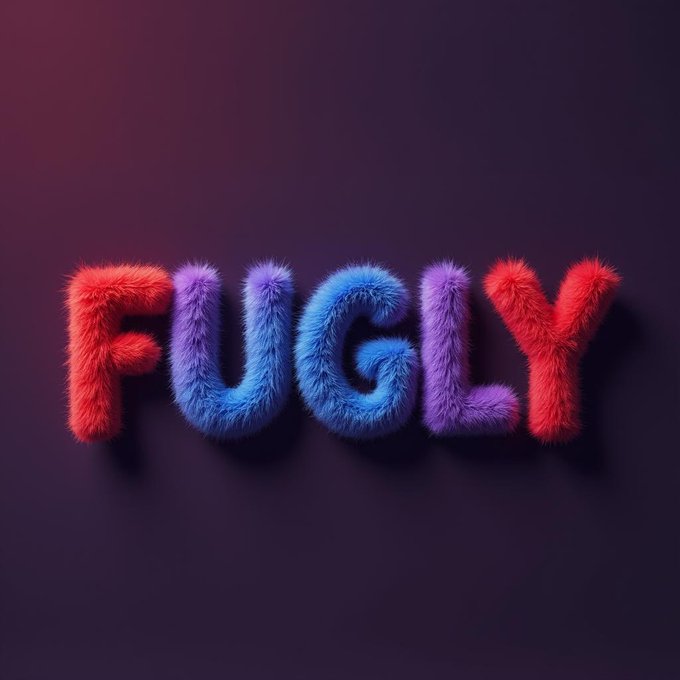 The image features a large, stylized version of the word "ugly" written in a playful font using fuzzy balls or fur. The letters are arranged in a way that makes them appear as if they're floating or deflated, giving the impression of a 3D effect. The background is black and purple, which further emphasizes the vibrant colors of the letters. The image also includes some text at the bottom, including the words "collab with @FuglyEth" and "3,000 supply", as well as an email address for more information or inquiries about the post.