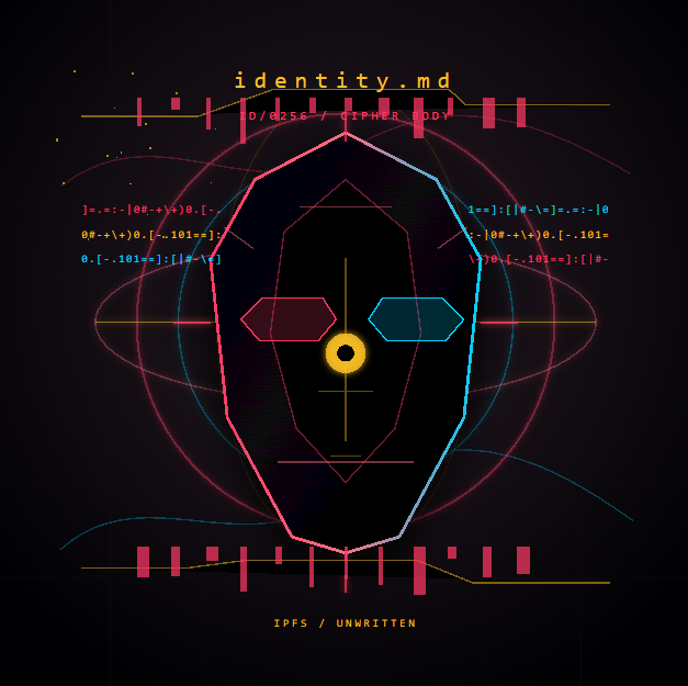A digital art piece titled "identity.md" with a stylized robotic face and the text "IFPS / UNWRITTEN" at the bottom.