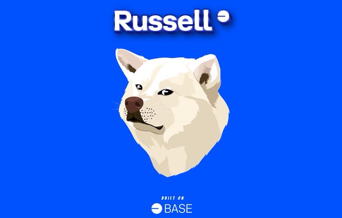 A digital graphic featuring a stylized white dog (likely a Shiba Inu) on a blue background with the text 'Russell' at the top and 'BUILT ON BASE' at the bottom, referring to the memecoin on the Base blockchain.