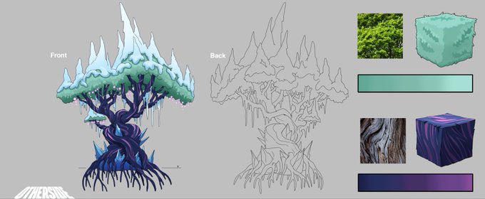 Concept art showing the front and back views of a stylized tree with ice, foliage, and purple roots, accompanied by texture reference cubes for grass, wood, and energy materials.