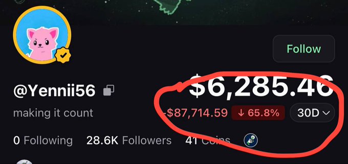 A screenshot of Twitter/X profile @Yennii56 ("making it count") shows a portfolio value of $6,285.46 with a -$87,714.59 (↓65.8%) loss over 30 days, circled in red. The caption contextualizes the post's complaint about "side wallets" by highlighting the massive drawdown on this account.