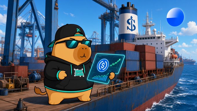 A cartoon capybara wearing a black cap, sunglasses, and hoodie holding a tablet showing a financial chart, set against a backdrop of a container ship and port cranes with a dollar sign on the funnel.