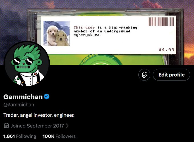A screenshot of the Twitter/X profile "Gammichan" (@gammichan), a verified account with 100K followers, featuring a bio describing him as a "Trader, angel investor, engineer" and a humorous tagline reading "This user is a high-ranking member of an underground cyberyakuza" above an album-cover-style image. The profile celebrates his 100K follower milestone, tying into the post's reflection on his unexpected growth from a casual Chainlink follower to a globally connected crypto personality.