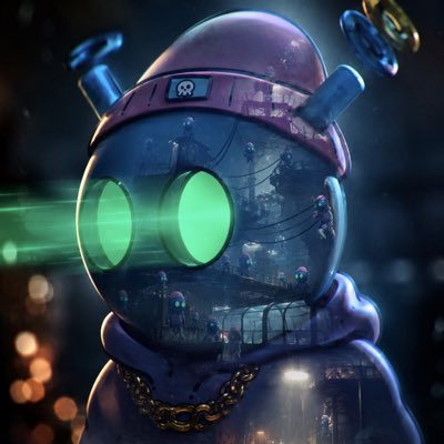 A digital illustration of a futuristic, spherical robot with glowing green eyes, wearing a red cap and a gold chain, set against a dark city backdrop.