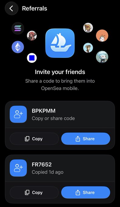 A mobile app screenshot of an OpenSea Referrals page titled 'Invite your friends' with two shareable codes: BPKPMM and FR7652, each with Copy and Share buttons.