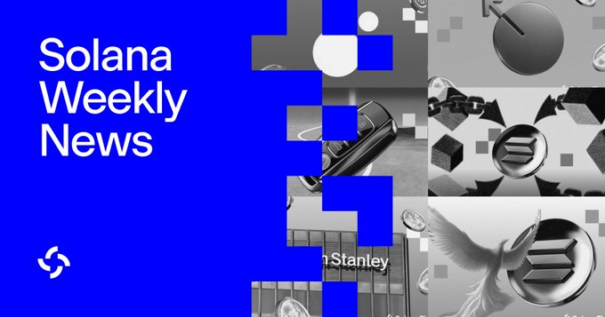 A graphic titled "Solana Weekly News" featuring a blue panel on the left and a collage of black-and-white cryptocurrency-themed images on the right, illustrating the week's biggest Solana headlines including SIMD-0286's 66% block capacity increase, Morgan Stanley's $MSOL ETF debut with $19M trading volume, and MetaDAO's Ownership Coins returning to Spot.