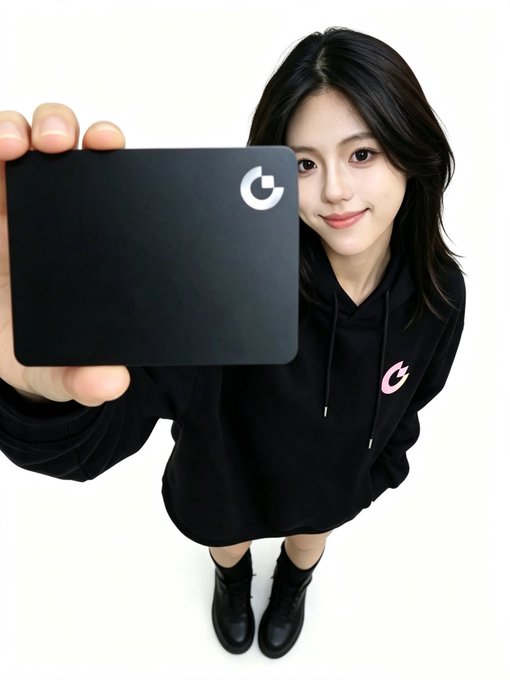 A young woman wearing a black hoodie with a pink 'G' logo smiles while holding out a black card featuring a white 'G' logo toward the camera.