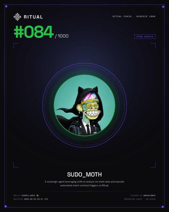 A digital collectible card from Ritual Chain's Genesis 1000 series, numbered #084, featuring an illustration of a hooded, grinning character with pink hair labeled "SUDO_MOTH" — described as a sovereign agent leveraging LLMs to analyze on-chain data and trigger smart contracts. The card displays mint details (wallet 0x8451...0023, deployed 2025-05-25) and credits the sovereign agent as @ManticShrk on X, tying directly to the celebratory post about receiving this Genesis card.