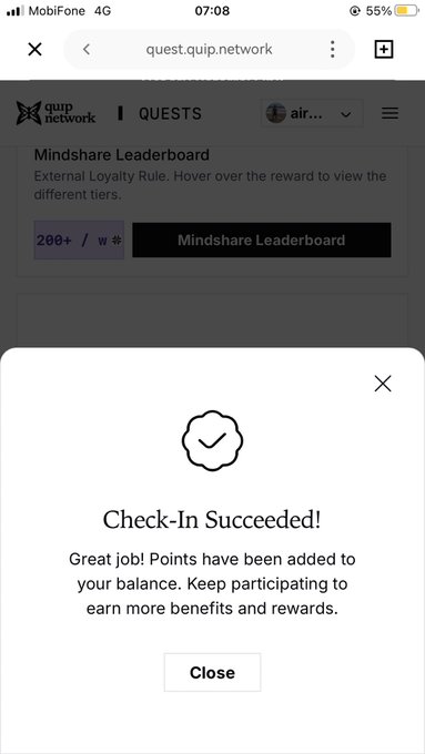 A mobile screenshot of the quip.network Quests page showing a 'Check-In Succeeded!' confirmation popup with a checkmark icon and a Close button.