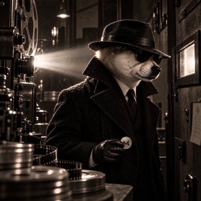 A sepia-toned illustration of a dog wearing a fedora, sunglasses, and a trench coat, holding a coin with a small 'M' symbol in what appears to be a vintage projection room.