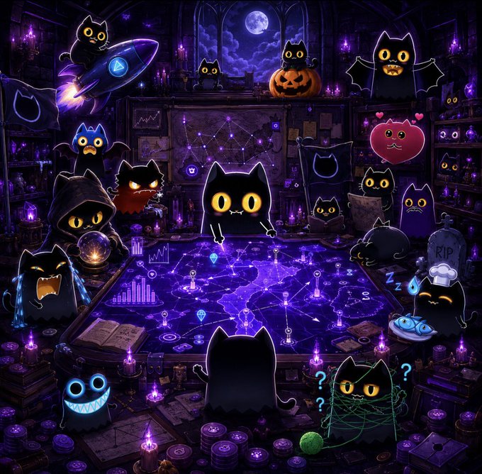 A dark, purple-lit "war room" filled with glowing candles, constellation maps, a jack-o'-lantern, and a legion of stylized cartoon cats surrounding a central command table. The image visually echoes the post's "war room is ready" theme, framing $SKITTY's community as a coordinated army of cat strategists plotting their next move.