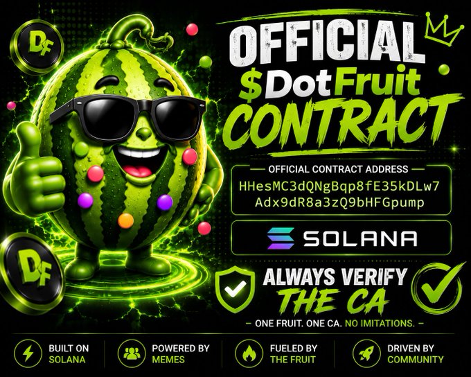 A promotional graphic for the '$DotFruit' Solana token contract, featuring a 3D anthropomorphic watermelon wearing sunglasses and giving a thumbs up, along with the contract address 'HHesMC3dQNgBqp8fE35kDLw7Adx9dR8a3zQ9bHFGpump'.