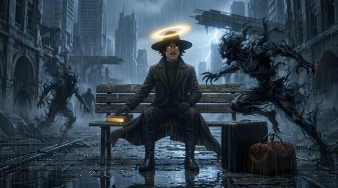 Dark fantasy artwork depicting a man in a suit and hat with a glowing halo sitting on a bench in a ruined city, holding a glowing book while a shadowy creature approaches.