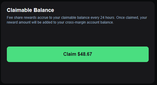 A dark UI panel titled 'Claimable Balance' with a green button showing 'Claim $48.67' for fee share rewards.