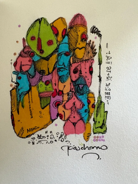 A colorful abstract ink and watercolor drawing of stylized figures with the signature 'fachomo' at the bottom.