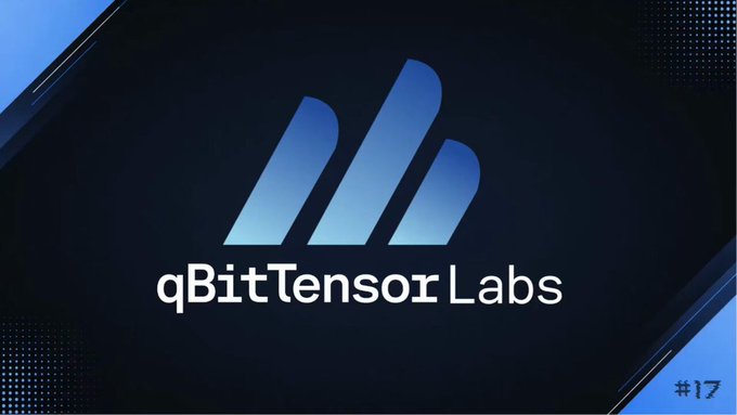 The image displays the qBitTensor Labs logo, featuring three blue gradient bars on a dark background, with the text "qBitTensor Labs" and "#17" in the corner, representing a tech/quantum computing company referenced in the post.
