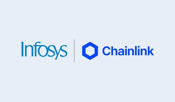 The image features the Infosys and Chainlink logos side by side, visually representing their newly announced partnership. The pairing illustrates the collaboration aimed at accelerating institutional adoption of on-chain finance through common standards for tokenized assets, payments, and blockchain infrastructure.