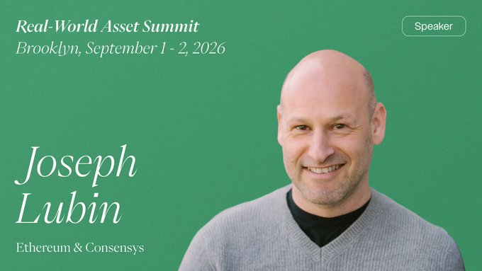 Promotional graphic for the Real-World Asset Summit in Brooklyn, September 1-2, 2026, featuring speaker Joseph Lubin from Ethereum & Consensys.