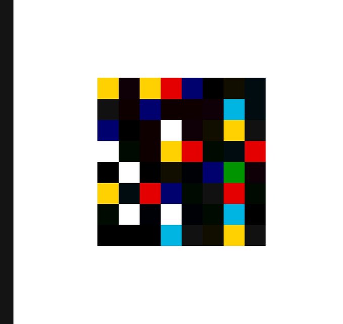 An abstract pixel art or mosaic image composed of colorful square blocks in yellow, red, blue, green, black, and white arranged in a grid pattern on a white background.