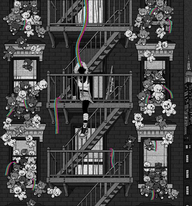 An illustration depicts a girl on a fire escape surrounded by teddy bears with rainbow streaks, with the Empire State Building visible on the right.