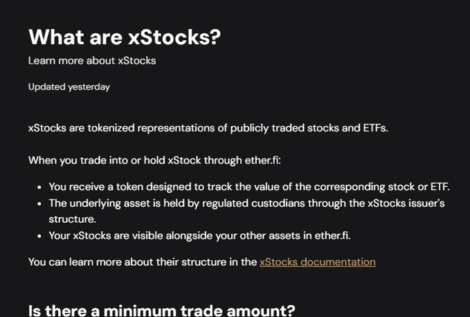 A dark-themed informational page titled 'What are xStocks?', explaining that xStocks are tokenized representations of publicly traded stocks and ETFs traded through ether.fi.
