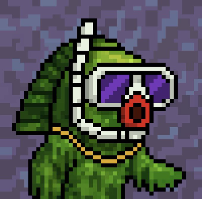 A pixel art illustration of a green figure wearing a white virtual reality headset with a red lock symbol over one eye, set against a purple pixelated background.