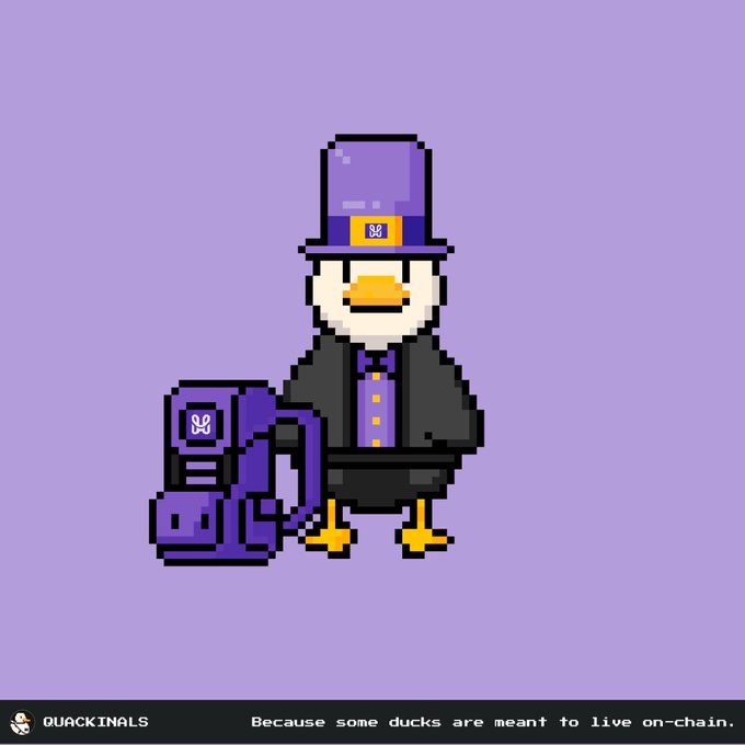 A pixel art Quackinals character of a duck dressed as a pilgrim with a purple hat and dark coat, standing next to a purple backpack with the same "QUACKINALS" branding and tagline.