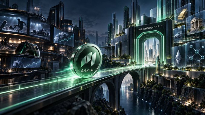A futuristic digital cityscape featuring a green glowing bridge with a coin labeled '$MNTD' and a gateway marked 'ROBINHOOD CHAIN'.