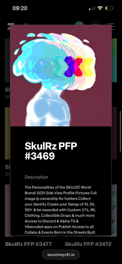 A mobile screenshot showing SkulRz PFP #3469 NFT listing on launchmynft.io, featuring a colorful abstract character and descriptive text about the SKULRZ World brand.