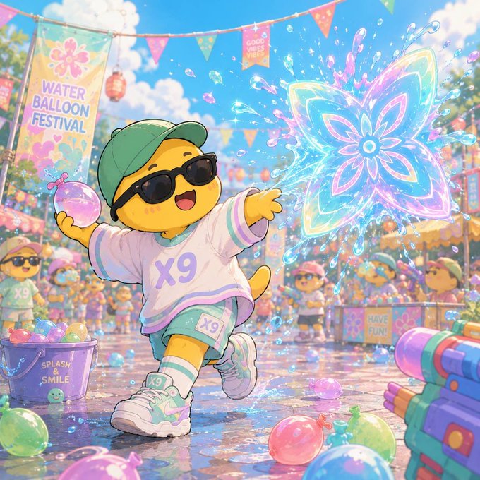 Vibrant animated illustration of a yellow character wearing sunglasses, green cap, and X9-branded outfit at a 'Water Balloon Festival,' joyfully creating a sparkling flower-shaped water splash.